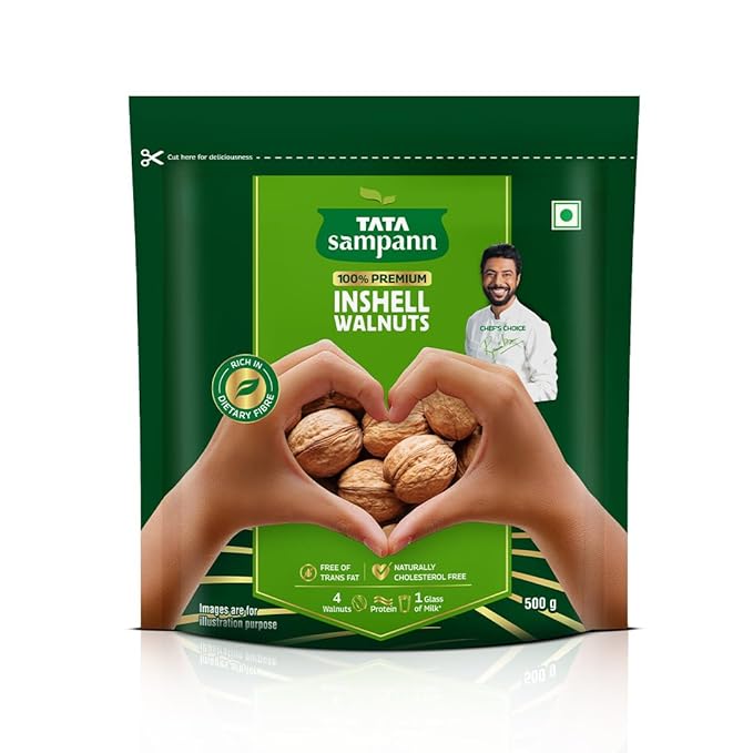 Tata Sampann Inshell Walnuts/Akhrot, Rich in Protein, Dietary Fibre & Magnesium, Source of Phosphorus, Naturally Cholesterol Free, Nutritious Snack, 500g image