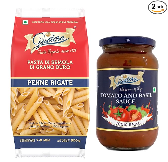Gustora Combo Pack of Penne Pasta 500g & Tomato Basil Sauce 400g image